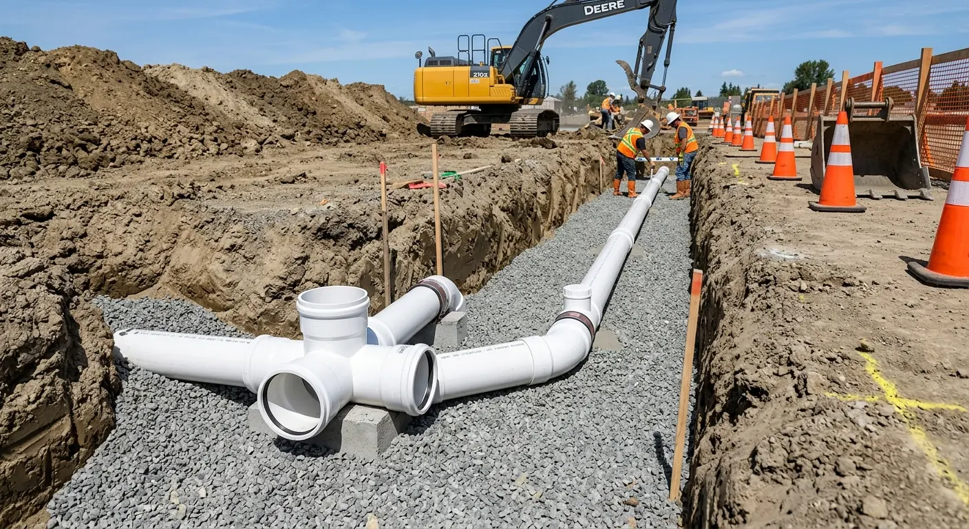New PVC sewer pipe installation in open trench for Commercial Drain Cleaning in West Chester