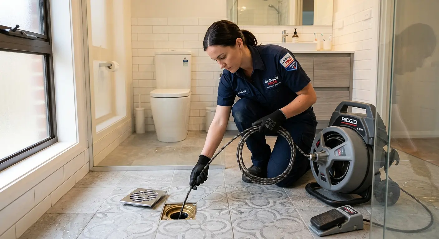 Technician clearing a bathroom floor drain for Sewer Line Replacement in West Chester